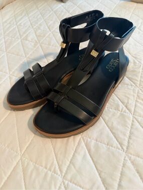 Franco Sarto Black T-Strap Ankle Cuff Sandals with Gold Accent